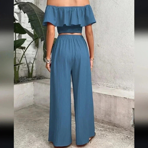 Women's Off-Shoulder Ruffle Trim Top And Wide Leg Pants Two Piece Set - Picture 2 of 6